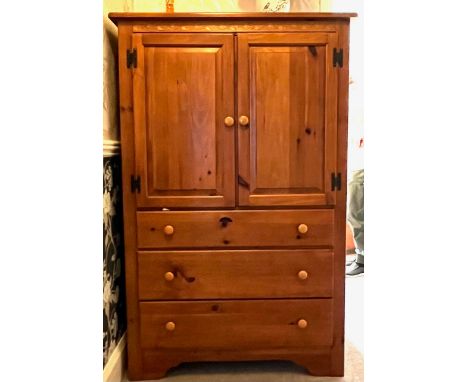 PINE CUPBOARD OVER THREE DRAWERS, APPROX 62cm HIGH, 102cm WIDE AND 47cm DEEP