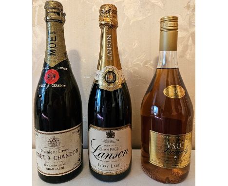 Vintage Moet &amp; Chandon champagne, Lanson Ivory Label champagne, plus bottle of Brandy
all unopened unchecked