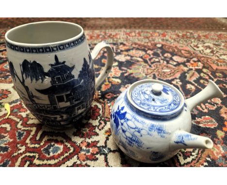19th century blue and white ceramic globular tankard, plus Oriental blue and white teapot with ceramic strainer. Larger Appro