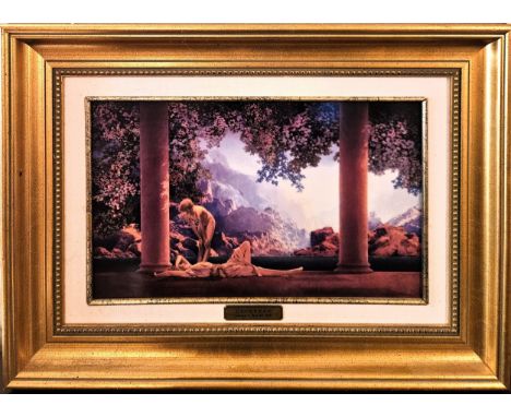 Gilt framed ceramic panel titled "Daybreak", after Maxfield Parrish for Franklin Mint. Approx. 33 x 46cms
reasonable used con