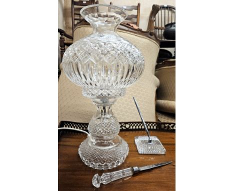 20th century large glass mushroom lamp with shade, plus Waterford pen and stand with letter knife
all appear reasonable used 