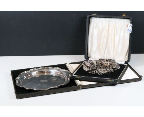 Silver hallmarked presentational dish of scalloped form with engraved initials to centre (hallmarked Birmingham 1937, Aaron L