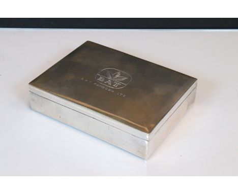 Cambodian white metal box of rectangular shape with engraved logo to lid. Marked 80% to bas, tests indicate silver. Measures 