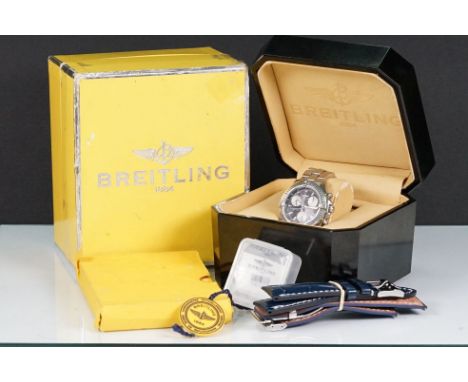 Breitling Colt Chronograph stainless steel wrist watch having a black face with three silver subsidiary dials, date aperture 