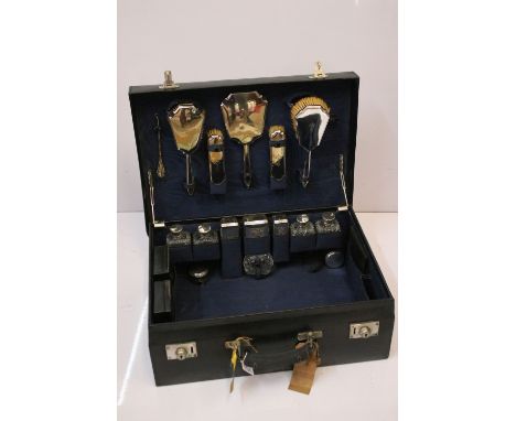 19th Century vanity case with fitted interior comprising a matching dressing table set (two hair brushes, two clothes brushes