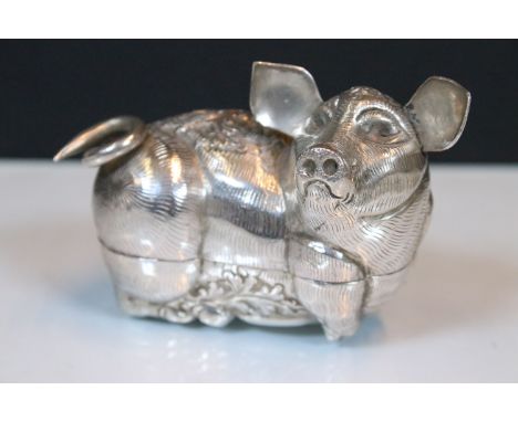 20th Century Cambodian silver betel box in the form of a pig. Marked 90 to base with makers mark, tests indicate silver. Meas