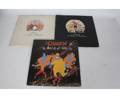 3x Queen LPs. Queen - A Night At The Opera ( EMTC 103 , UK pressing, embossed gatefold sleeve, 1975, VG+), Queen - A Day At T