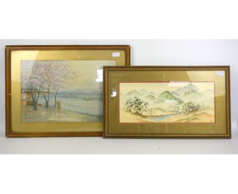 K B, Takala  Chinese landscape  with figure signed watercolour, and another Chinese watercolour landscape  