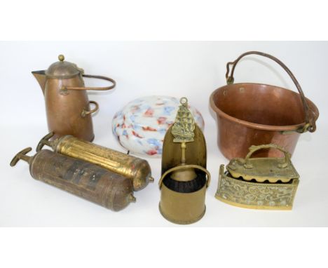 Two Pyrene hand held fire extinguishers, trench art scuttle, other metalware and a mottled glass light shade.