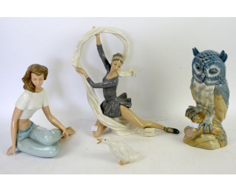 Collection of Nao to include a  figure of a ballerina, a figure seated lady, small goose, and a similar owl