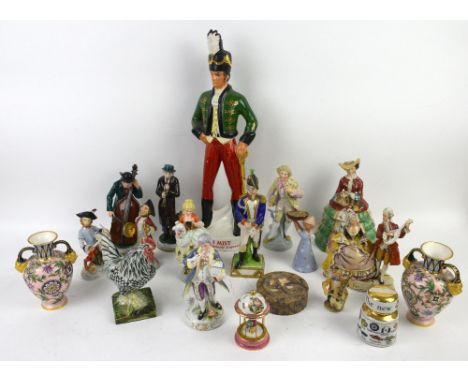 Rosenthal porcelain cello player, other continental porcelain figurines including Meissen style monkey band, Staffordshire li