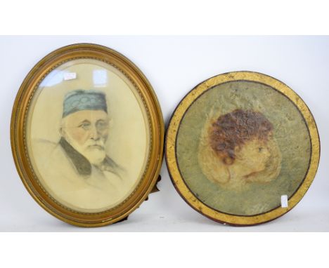 Early 20th century portrait of a man with glasses watercolour and roundel of putti, oil on board, 