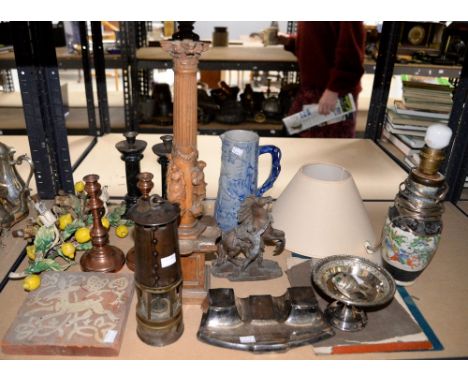 Twin train mantel clock, mixed ceramics including Herend lidded pots, mixed metalware to include a Wiskemann desk stand, cand