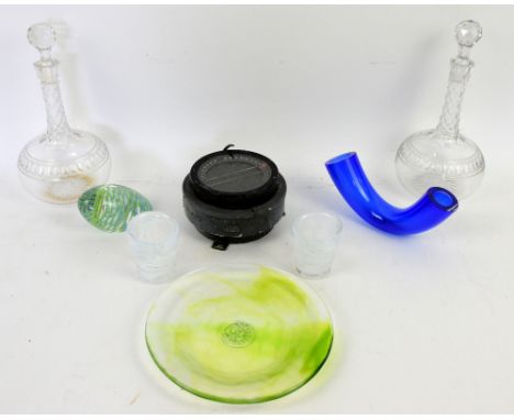 A pair of glass decanters and Kosta Boda glass, and an aircraft compass