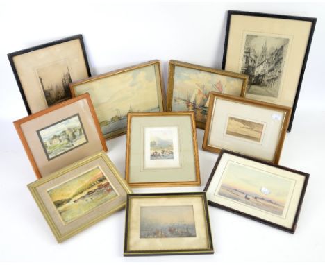 Quantity of pictures and prints to include etching of Donegal Place by R Cresswell Boak and etching of Castle Garth &amp; Cat
