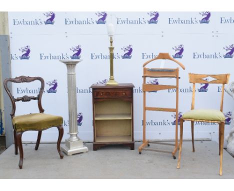 Small mahogany bookcase, suit stand, two chairs, silver coloured pedestal and a lamp 