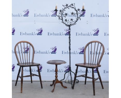 Wine table, two oak hoop back chairs and cast iron standard lamp and a fireguard