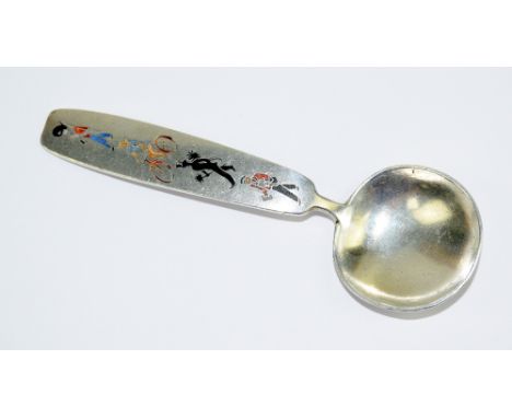 Danish sterling silver and enamel caddy spoon by A. Michelson of Copenhagen, featuring a solider, lady cyclist, chimney sweep