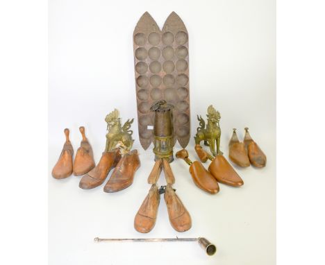 Wooden shoe lasts, some with metal bases, African Oware game board, French brass miner's lamp
