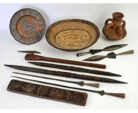 Miscellaneous group of items including a Tribal axe with double sided blade, and incised circle decoration, two spears, other