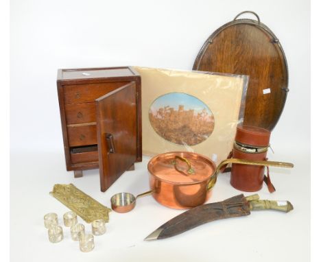 Specimen chest, cork picture, hunting flask, tray, kukri, door plate, Mexican silver serviette rings, and copper pans