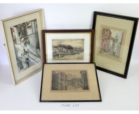 Quantity of pictures and prints to include etching of Edinburgh Castle by Gertrude Hayes and etching of St. John's College - 