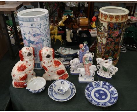 Collection of china to include Staffordshire dogs, blue and white china, couple of large vases/stick stands etc