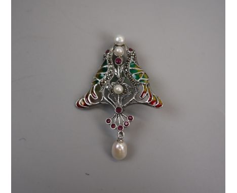 Silver &amp; enamel pearl set pendent/brooch 