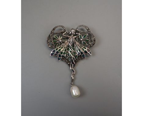 Silver &amp; enamel pearl drop fairy pendant 