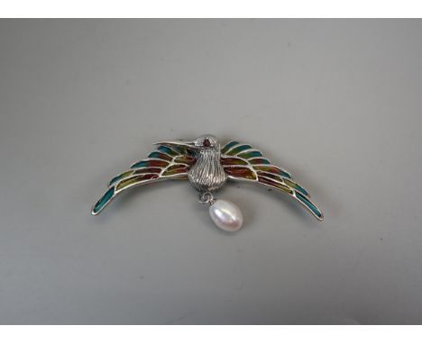 Silver &amp; enamel ruby eyed bird pendant/brooch 