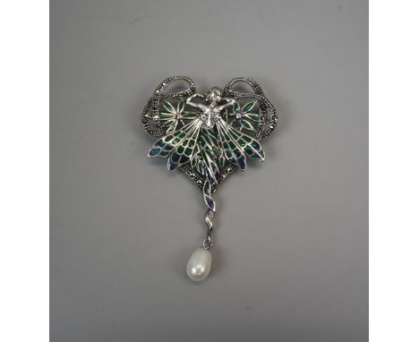 Silver &amp; enamel pearl drop pendent/brooch 