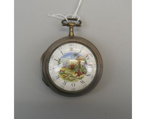 Hallmarked silver 18thC pocket stopwatch by William Drury of Banbury with painted hunting scene to face surrounded by the nam