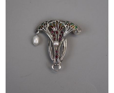 Silver &amp; enamel pearl drop pendant/brooch 