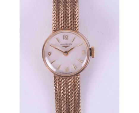 Longines, a 9ct yellow gold ladies cocktail watch woven style bracelet and ladder clasp, 20.89g.