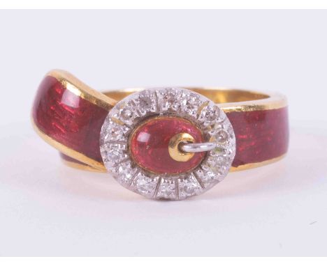 An 18ct yellow gold buckle design ring with red enamel and 14 round old round cut diamonds, total diamond weight approx. 0.21