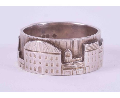 A silver designer mid-century architecture engraved ring possibly by jewellery artist Norman Cherry, makers mark NC, Edinburg