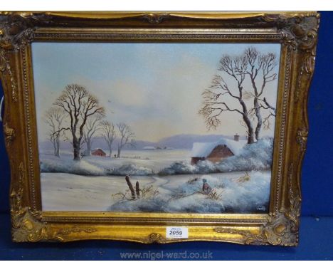 Poole: Oil painting of a winter scene with pheasant.