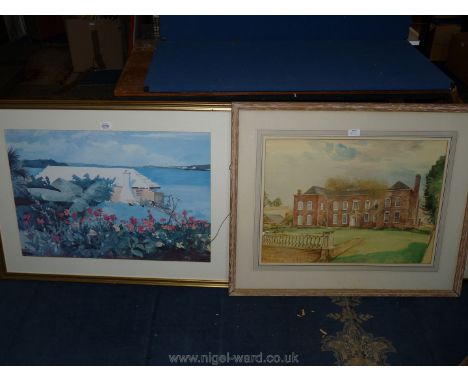 A large continental Print indistinctly signed lower right along with a Michael Brockway Watercolour of Grand House.