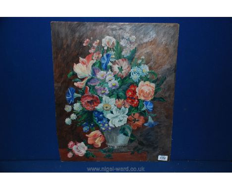 A vintage Oil on panel of flowers in a vase.