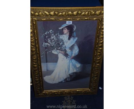 A large ornately framed over-varnished Print of a lady with a bunch of flowers in a white dress.