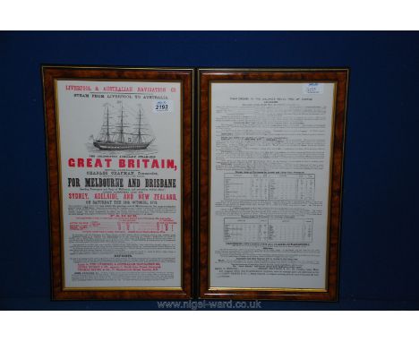 A pair of print facsimiles of a poster for S Great Britain's voyage to Melbourne and Brisbane
