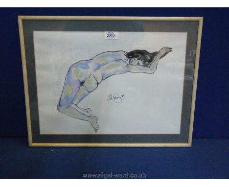 Juoy Ling Wong, Watercolour depicting nude in light blue and yellow, dated 1979 to rear  