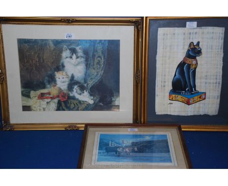 A framed painting of Egyptian statue of cat on papyrus paper along with a Thelwell print 'Shortening The odds' and a framed p