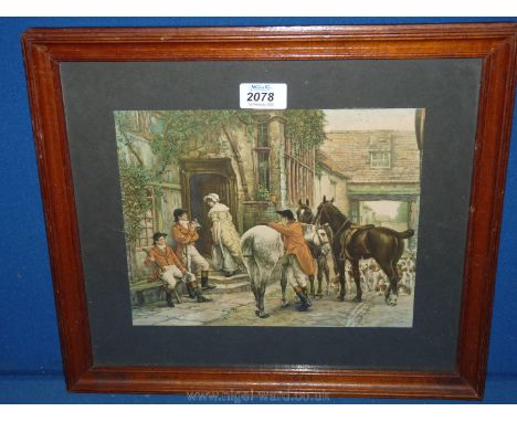 A framed Print of huntsman, hounds and horses outside an inn.