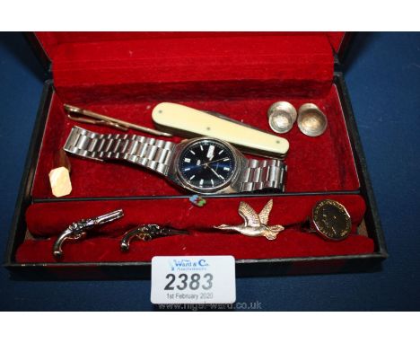 A box to include three pairs of cufflinks, two tie clips, watch and penknife.