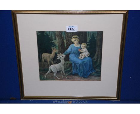 A fine Print by Hans Huber Sulzemoos of Mother and Child with fawns in a wood.