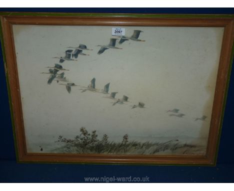 A Japanese print of Geese in flight, circa 1920's.