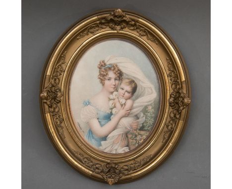 Collectors Frame, oval with original gilding and decorations, mid of 19th century with coloured portrait decoration, describe