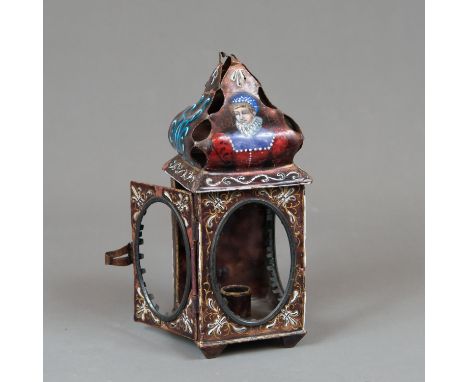 Limoges Lantern, with handgrip, three oval windows, one door and peaked open work top, multicoloured enamel on copper, French