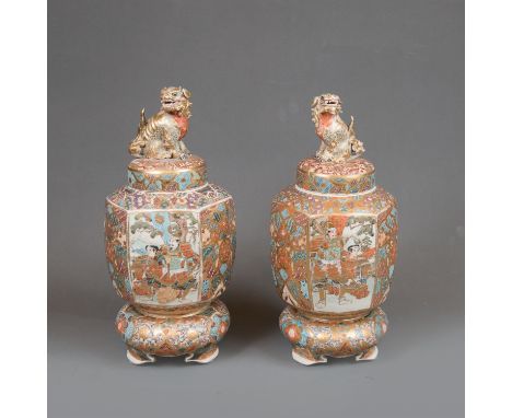 Pair of Fine Satsuma Vases, each in round and canted shape, richly figural and ornamental painted decorations, gilded, two li